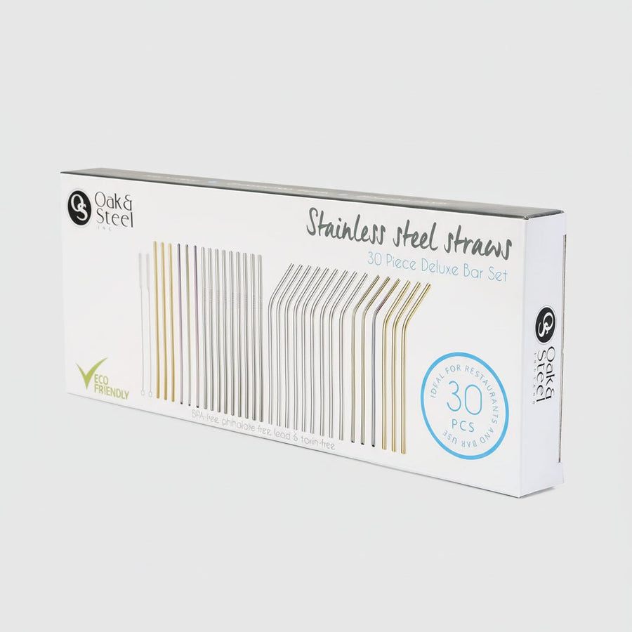 Oak & Steel - Multi - Colour 30 piece Stainless Steel Reusable Drinking Straws Gift Set - liquidation.store