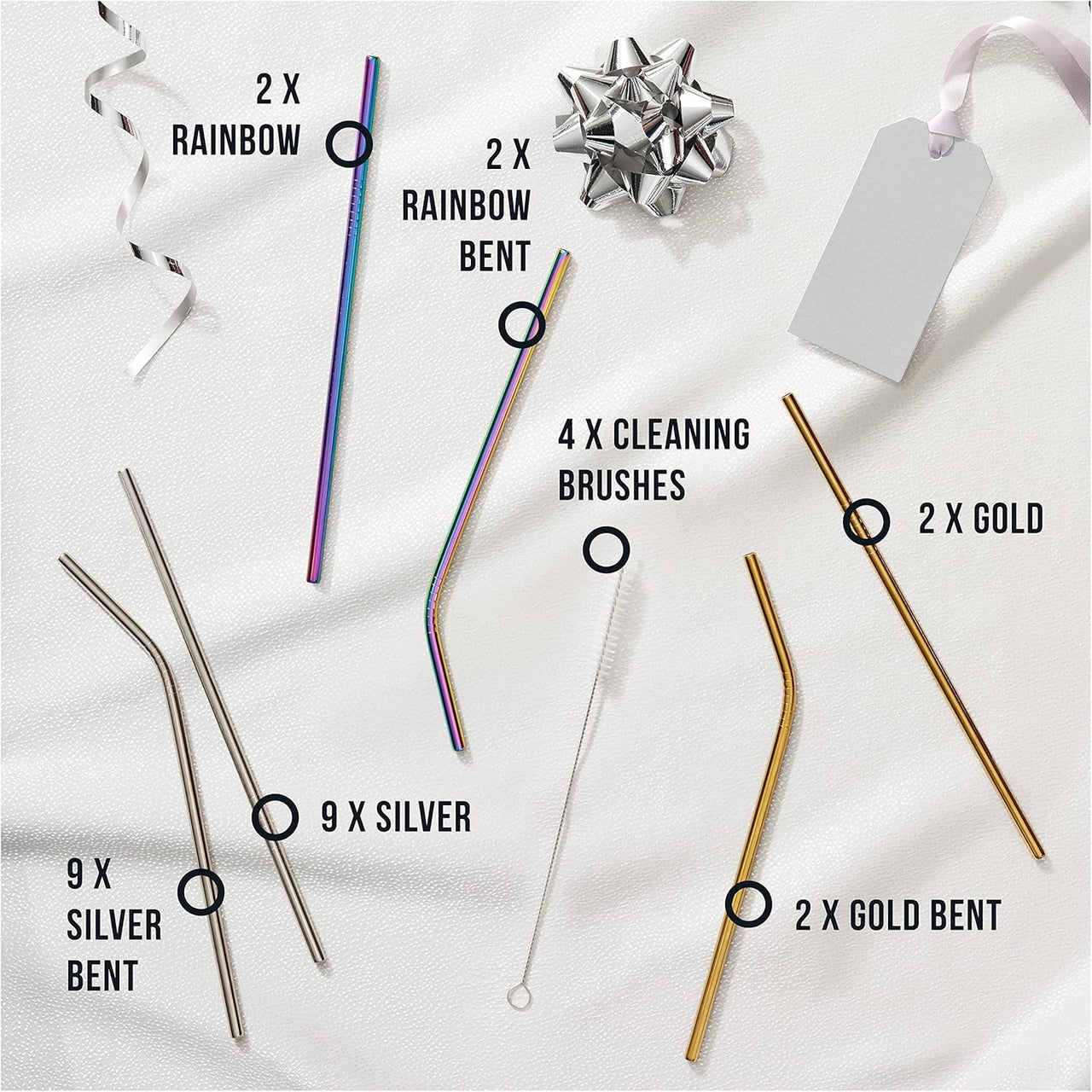 Oak & Steel - Multi - Colour 30 piece Stainless Steel Reusable Drinking Straws Gift Set - liquidation.store