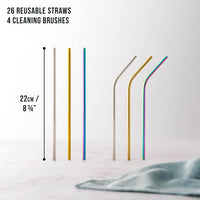 Oak & Steel - Multi - Colour 30 piece Stainless Steel Reusable Drinking Straws Gift Set - liquidation.store