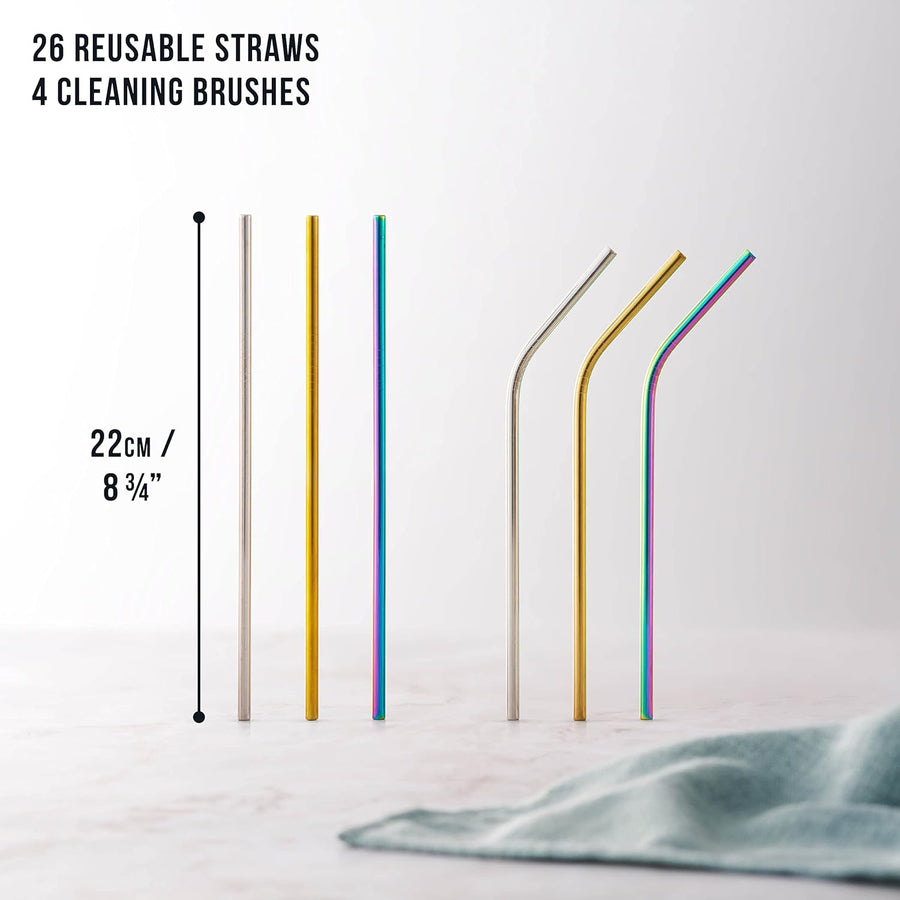 Oak & Steel - Multi - Colour 30 piece Stainless Steel Reusable Drinking Straws Gift Set - liquidation.store