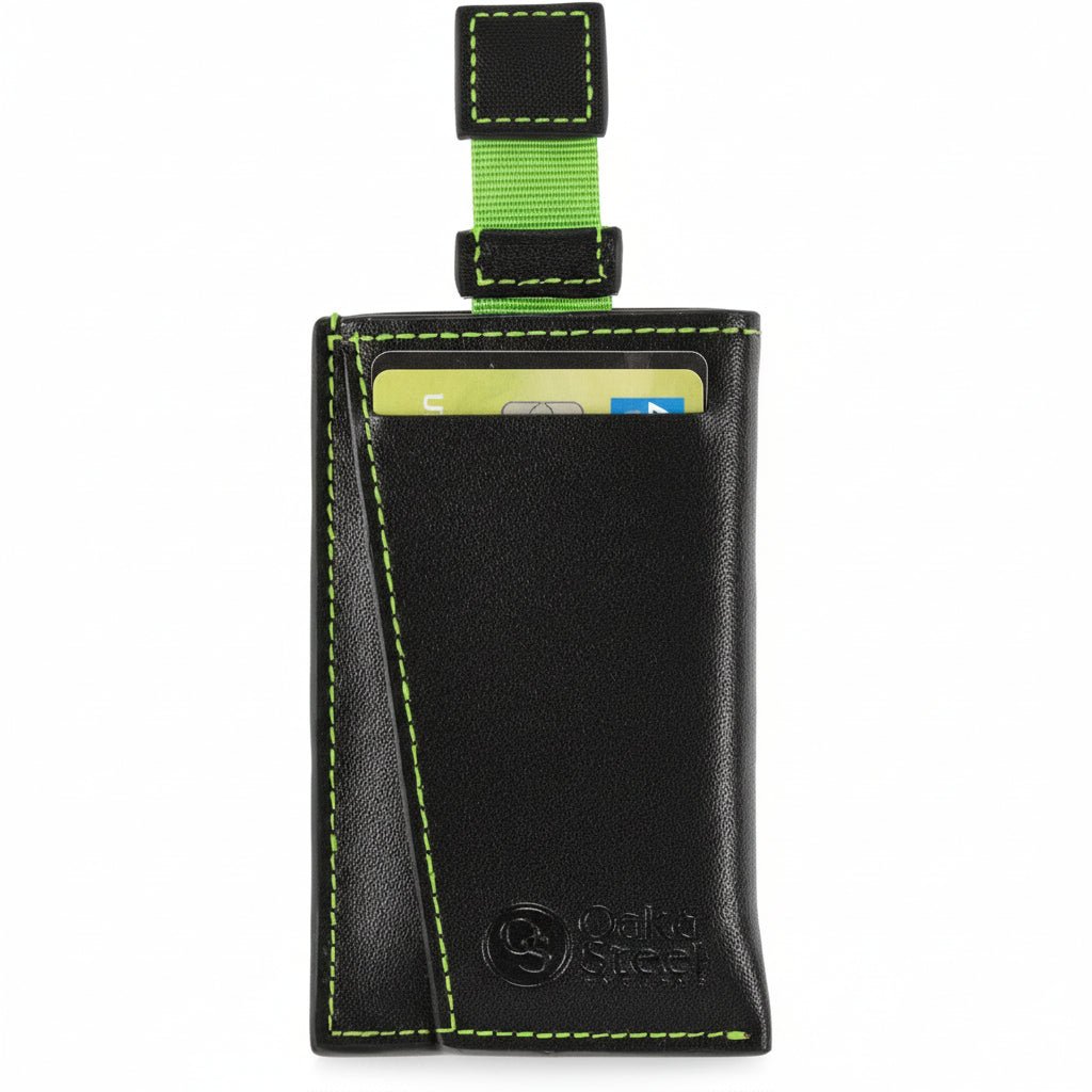 Oak & Steel Premium Black Card Holder/Wallet - Green Stitching - liquidation.store