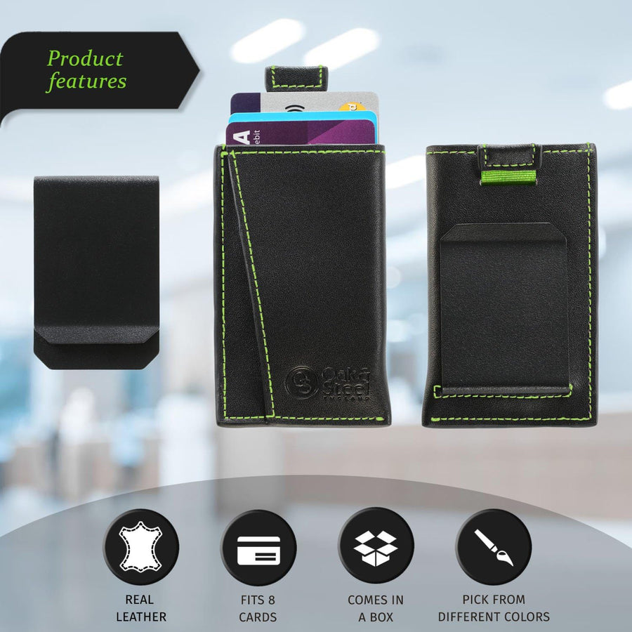 Oak & Steel Premium Black Card Holder/Wallet - Green Stitching - liquidation.store
