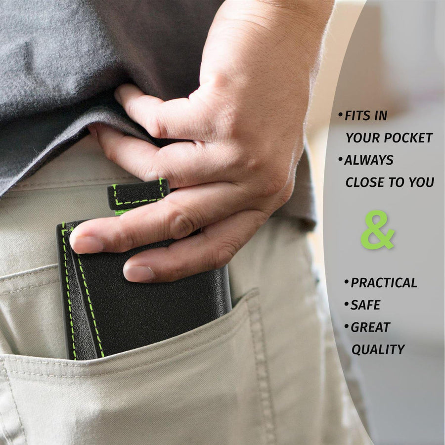 Oak & Steel Premium Black Card Holder/Wallet - Green Stitching - liquidation.store