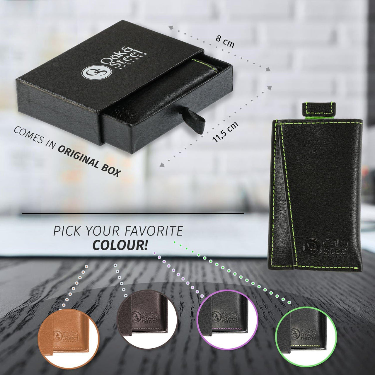 Oak & Steel Premium Black Card Holder/Wallet - Green Stitching - liquidation.store