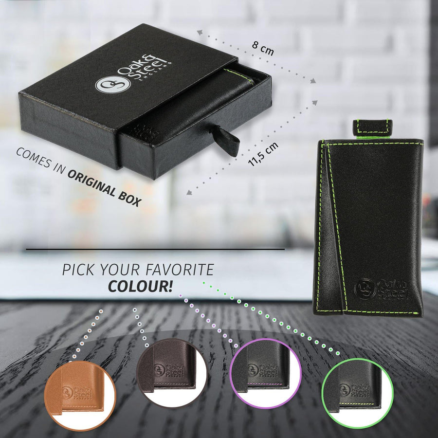 Oak & Steel Premium Black Card Holder/Wallet - Green Stitching - liquidation.store