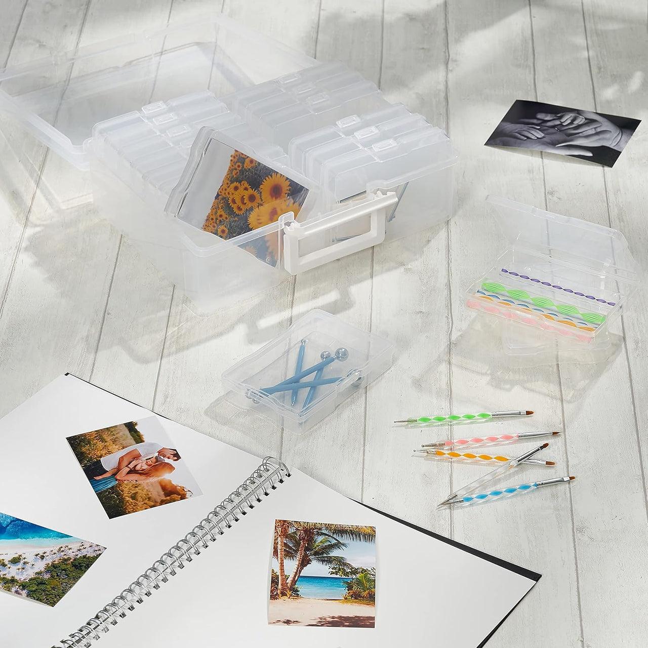 Office Mania - 6"x4" Photo & Crafts Organiser: Storage box, 16 Cases & Labels - Clear - liquidation.store