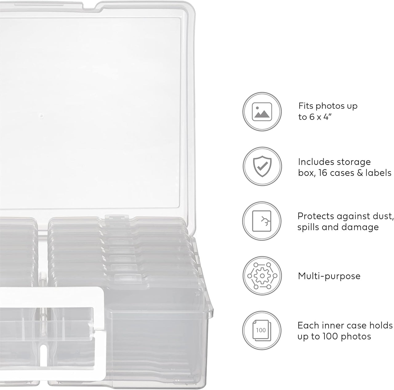 Office Mania - 6"x4" Photo & Crafts Organiser: Storage box, 16 Cases & Labels - Clear - liquidation.store