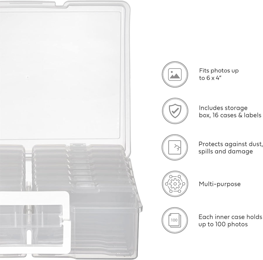 Office Mania - 6"x4" Photo & Crafts Organiser: Storage box, 16 Cases & Labels - Clear - liquidation.store