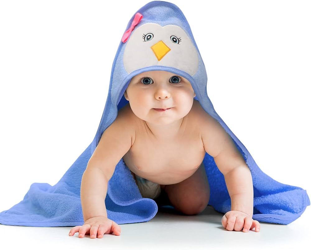 Organic Bamboo Hooded Baby Towel Penguin Blue by Liname - liquidation.store