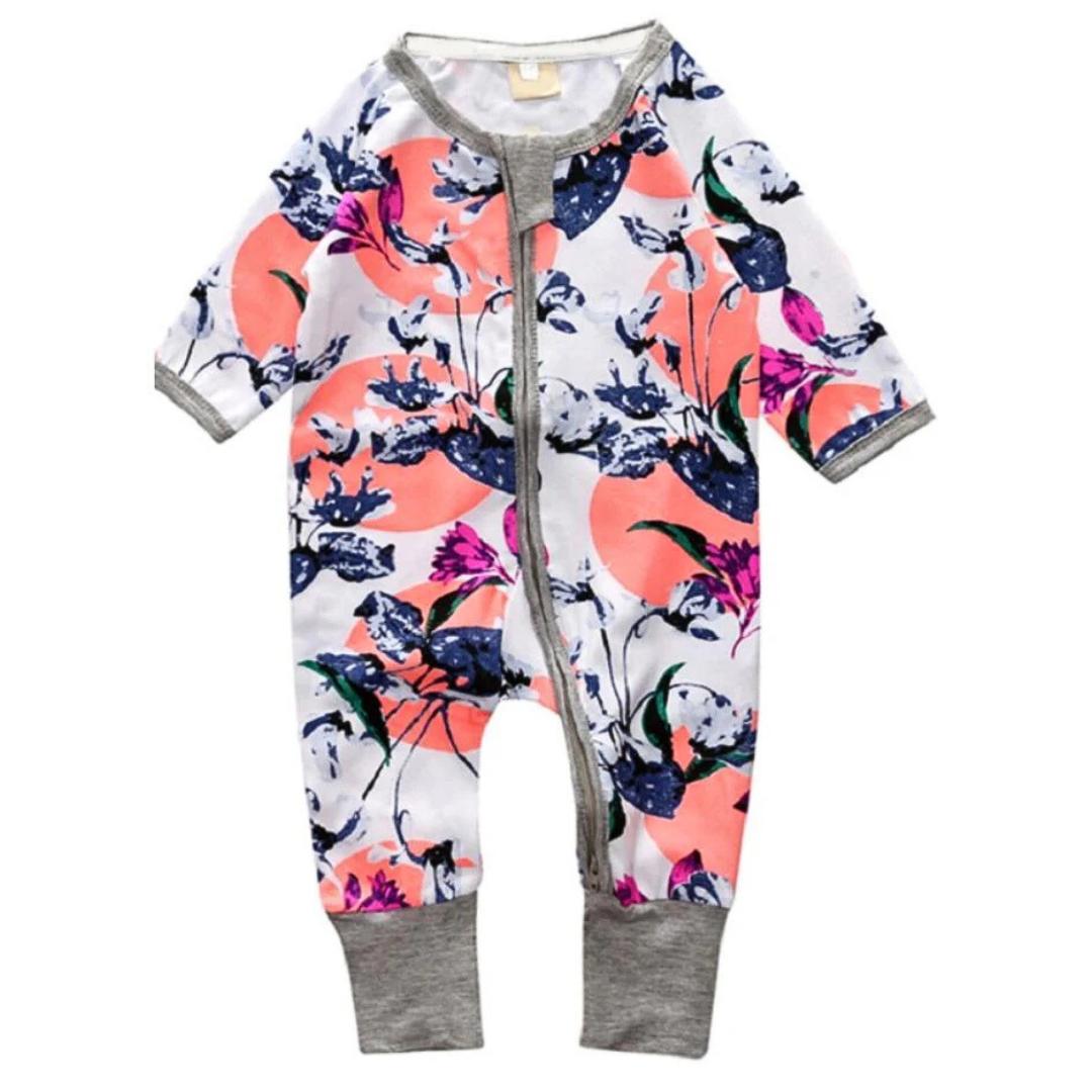 Oriental Flowers - White & Grey Baby Zip Sleepsuit (Various Sizes) - liquidation.store