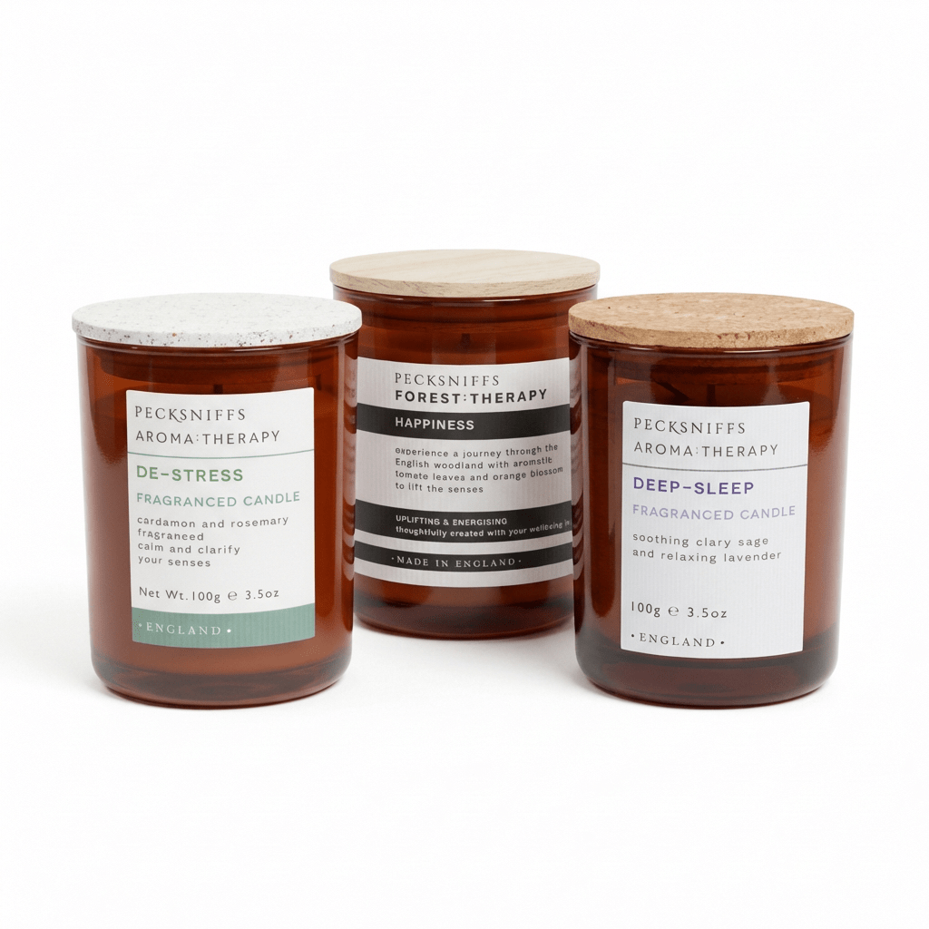 Pecksniff’s Aromatherapy Candle Trio – De - Stress, Deep Sleep & Happiness (3 x 100g) - liquidation.store
