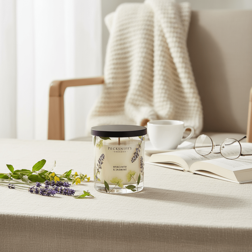 Pecksniff's Hyacinth & Jasmine Scented Candle with Floral Design 198g - liquidation.store