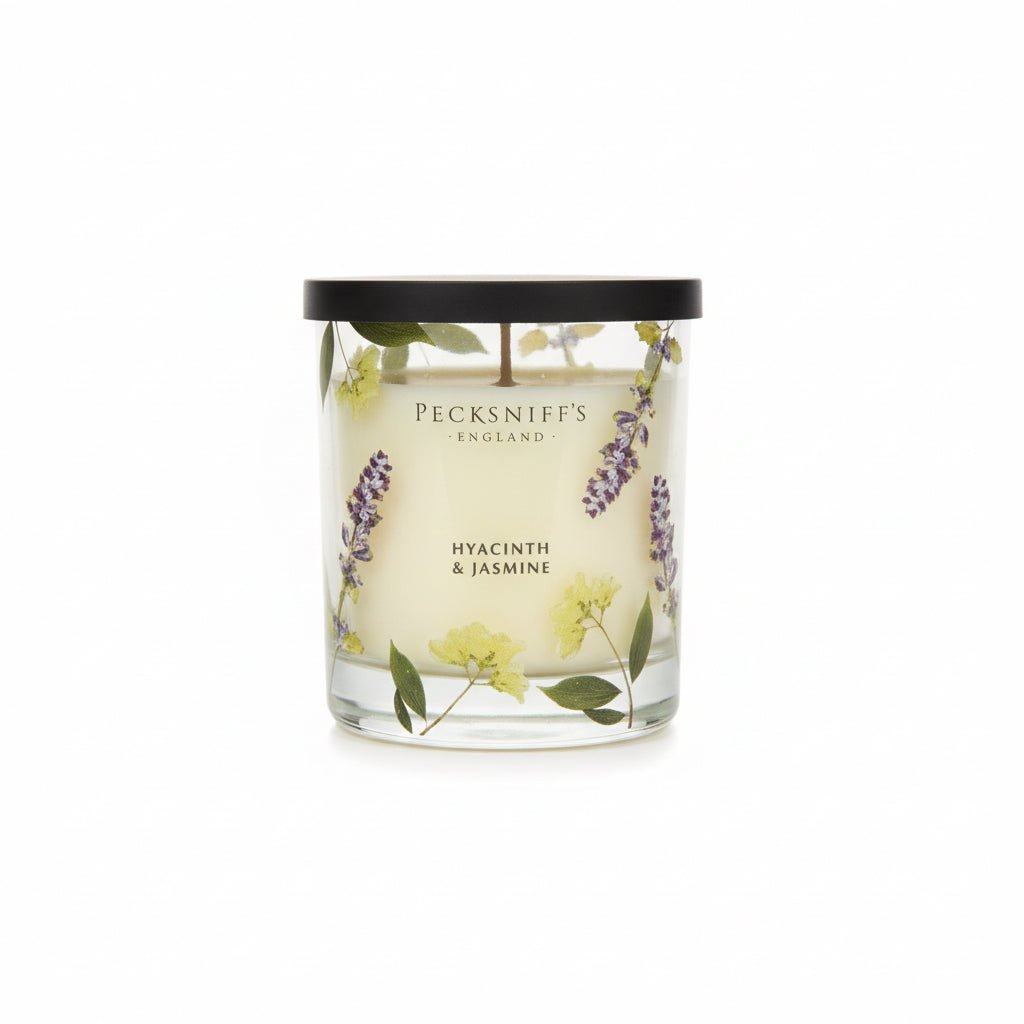 Pecksniff's Hyacinth & Jasmine Scented Candle with Floral Design 198g - liquidation.store