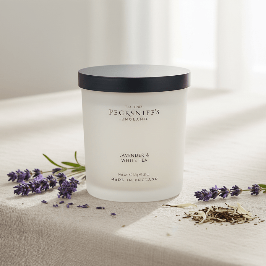 Pecksniff's Lavender & White Tea Scented 3 wick Candle 595g - liquidation.store
