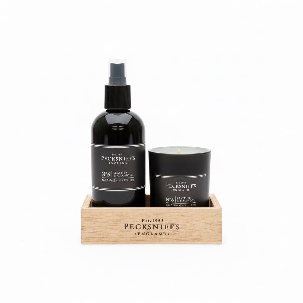 Pecksniff's Leather & Oakmoss Room Spray and Candle Set - liquidation.store