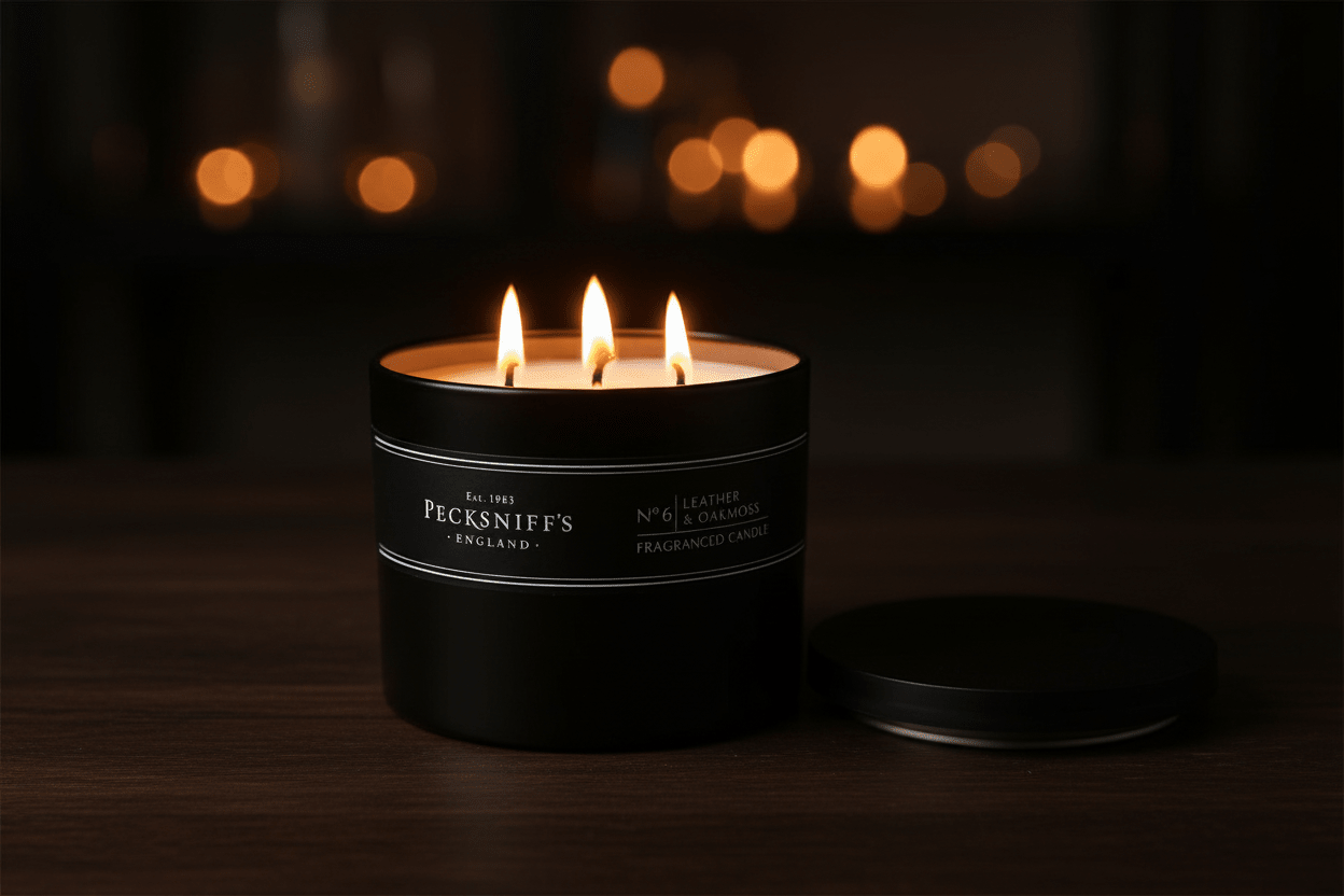Pecksniffs Mandle Leather & Oakmoss Candle (3 Wick) 283g - liquidation.store