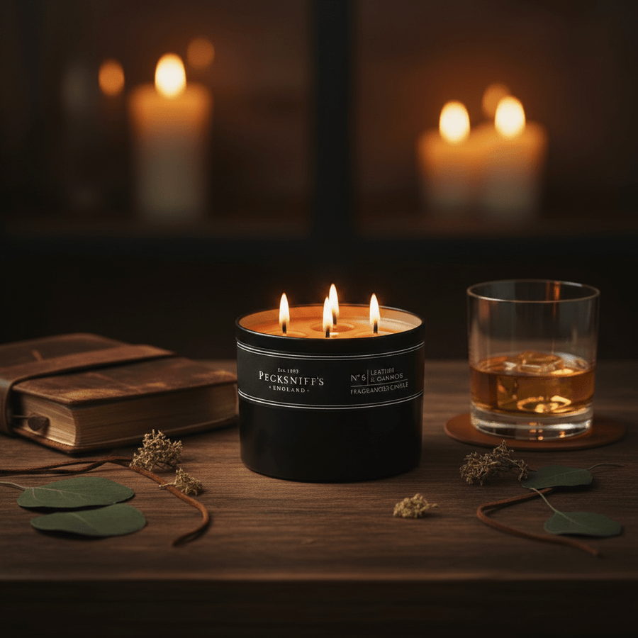 Pecksniffs Mandle Leather & Oakmoss Candle (3 Wick) 283g - liquidation.store
