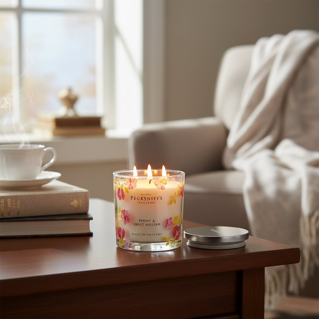 Pecksniff's Peony & Sweet William Scented Candle with Floral Design - 595g - liquidation.store