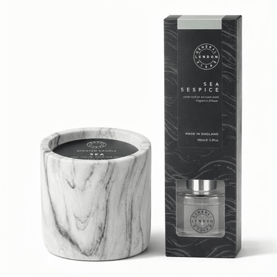Pecksniff’s Sea Spice Home Fragrance Duo – Marble Candle & Diffuser - liquidation.store