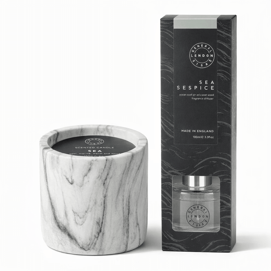 Pecksniff’s Sea Spice Home Fragrance Duo – Marble Candle & Diffuser - liquidation.store