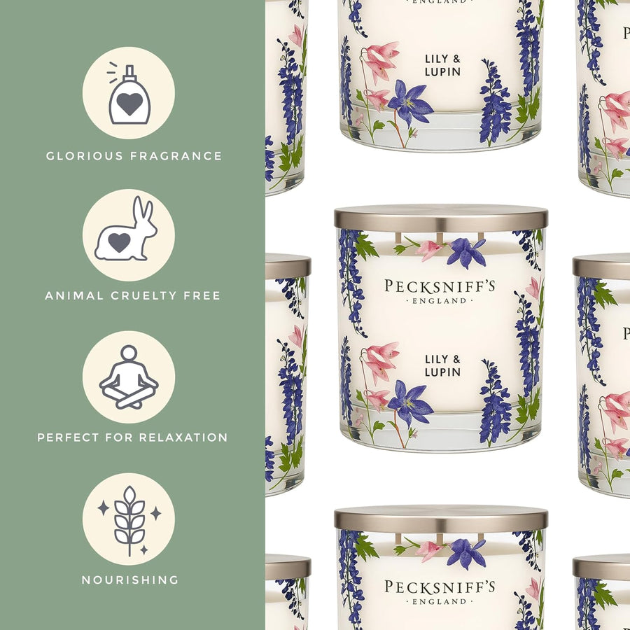 Pecksniffs Vintage Posies Lily & Lupin Candle - 3 Wick (550g) - liquidation.store