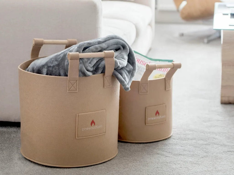 Pinewoodfuels Natural Felt Storage Baskets with Ash Wood Handles - Beige Camel (Set of 3) - liquidation.store