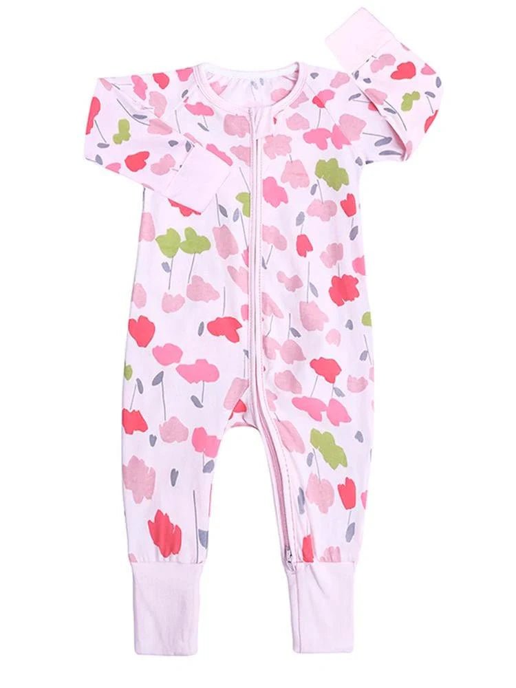 Pink Pansies Baby Zip Sleepsuit with Hand & Feet Cuffs (Various Sizes) - liquidation.store