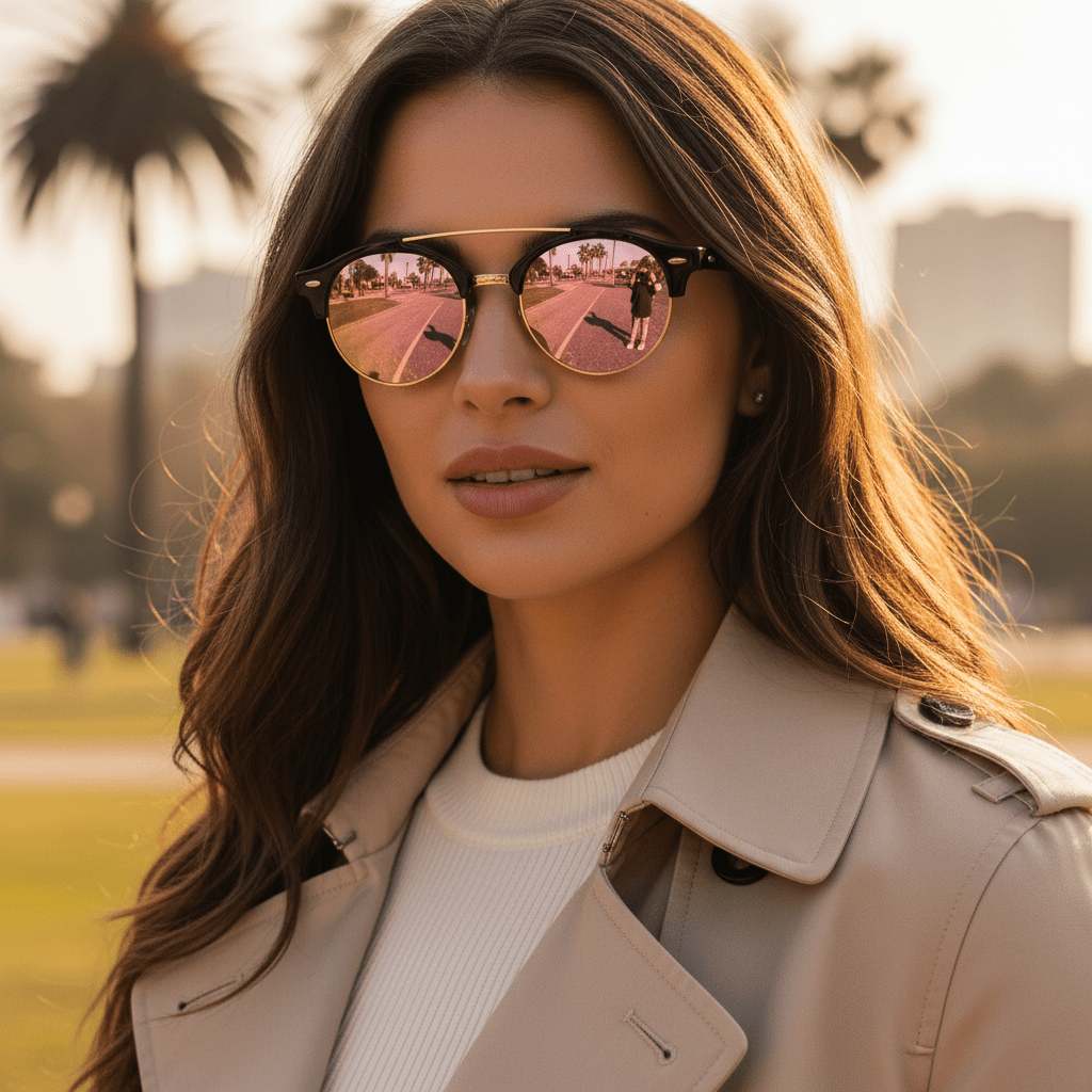 Ray - Ban CLUBROUND DOUBLE BRIDGE - Black Frame/ Light Brown/Mirror Pink Lens RB4346 - liquidation.store