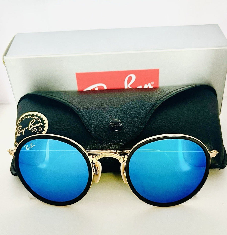Ray Ban Foldable Round RB3517 112/17 Gold Frame Grey Blue Mirror Lenses - liquidation.store
