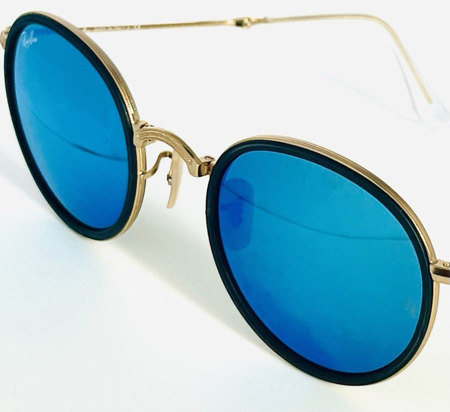 Ray Ban Foldable Round RB3517 112/17 Gold Frame Grey Blue Mirror Lenses - liquidation.store