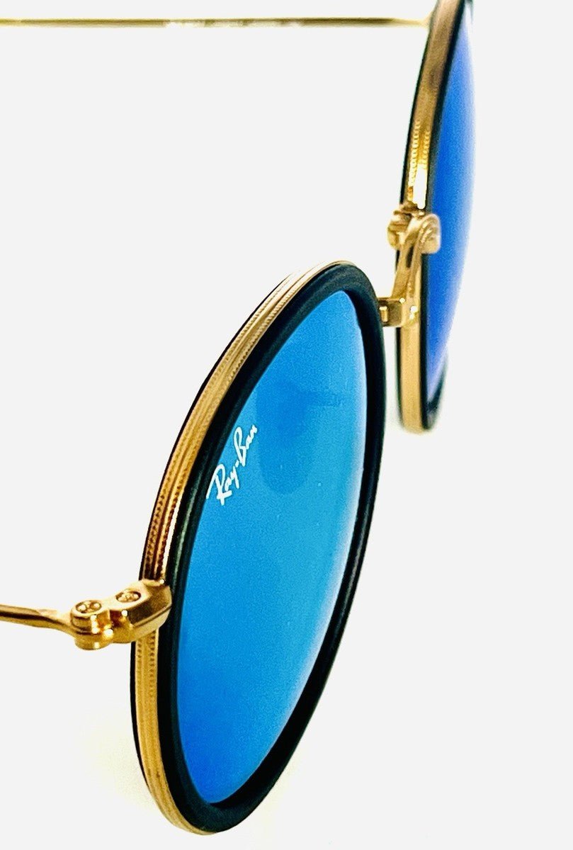 Ray Ban Foldable Round RB3517 112/17 Gold Frame Grey Blue Mirror Lenses - liquidation.store