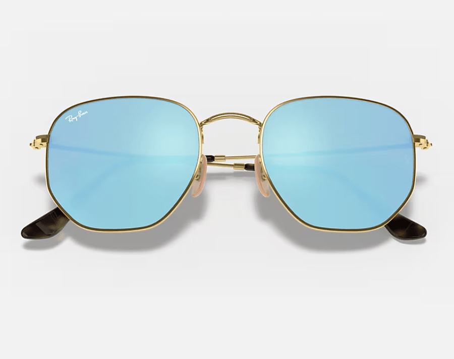 Ray Ban Hexagonal RB3548N Polished Arista Gold Frame - Light Blue Flash Lenses - liquidation.store