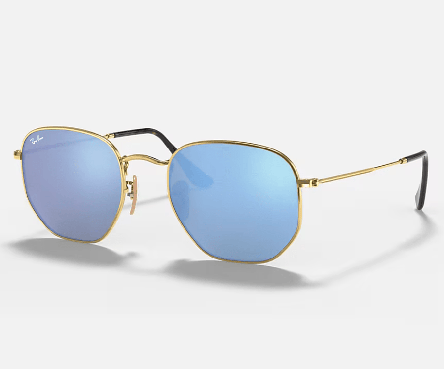Ray Ban Hexagonal RB3548N Polished Arista Gold Frame - Light Blue Flash Lenses - liquidation.store