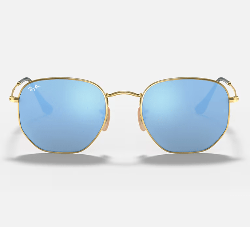 Ray Ban Hexagonal RB3548N Polished Arista Gold Frame - Light Blue Flash Lenses - liquidation.store