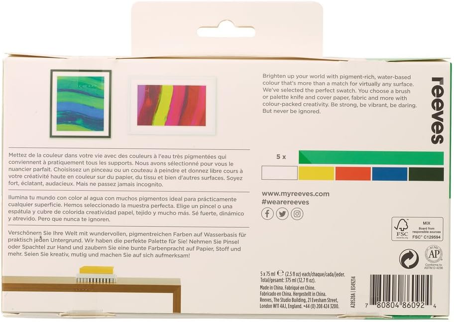 Reeves Acrylic Paint Set - Water - based & Highly Pigmented Colours (5x75ml) - liquidation.store
