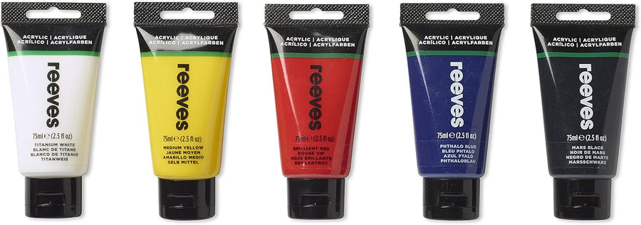 Reeves Acrylic Paint Set - Water - based & Highly Pigmented Colours (5x75ml) - liquidation.store