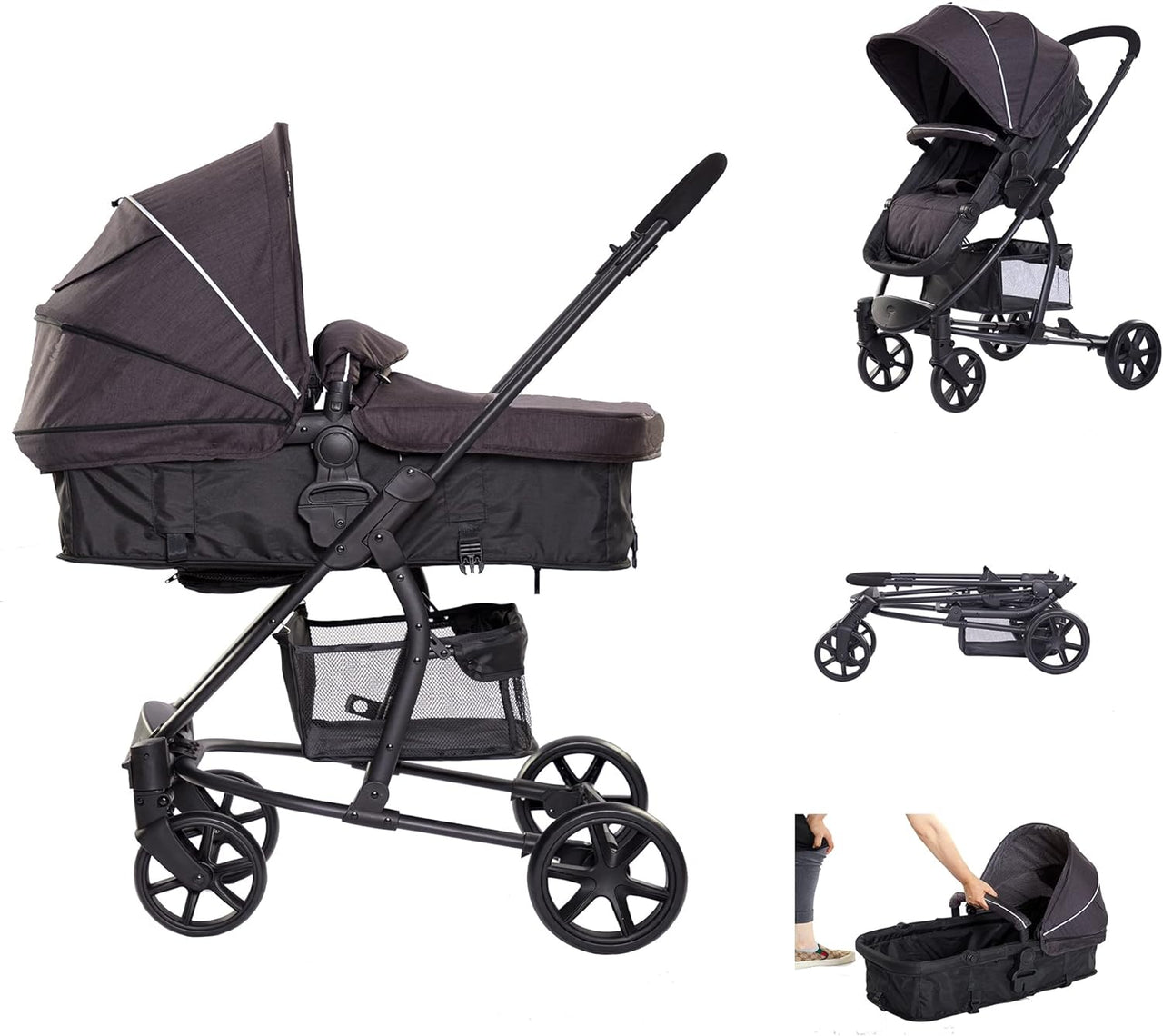 Ricco 2 in 1 Foldable Pram with Reversible Seat - Black - liquidation.store