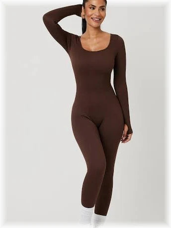 Snuggz Fit Ribbed Long Sleeve Mocha Seamless Jumpsuit (Various Sizes)