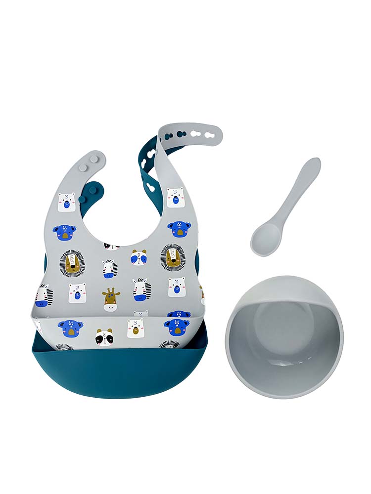 Silicone Bibs & Bowl Baby Feeding Set - Bibs X 2, Food Bowl and Spoon - Zoo & Deep Blue ONE SIZE - liquidation.store