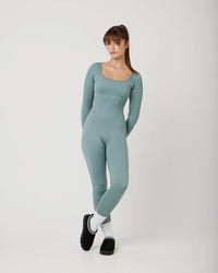 Snuggz Fit Ribbed Long Sleeve Green Seamless Jumpsuit (Various Sizes) - liquidation.store