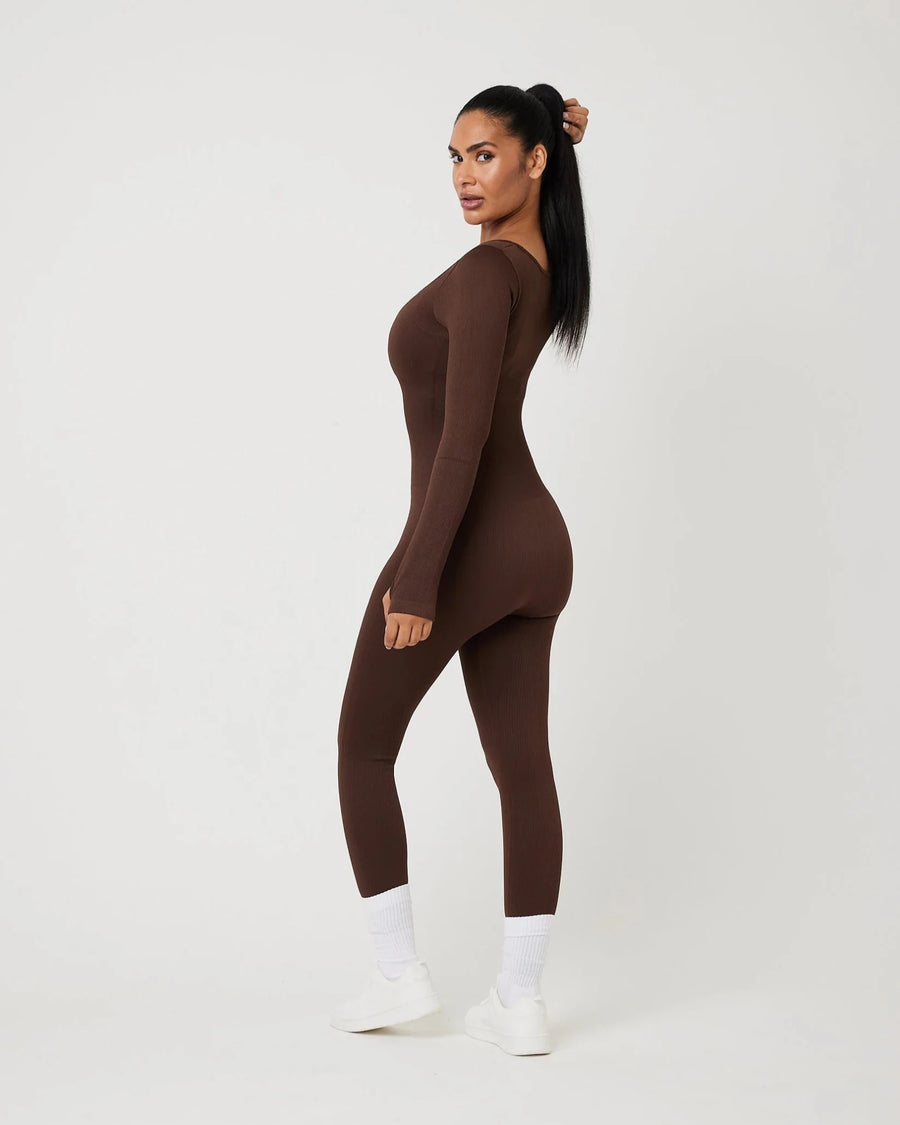 Snuggz Fit Ribbed Long Sleeve Mocha Seamless Jumpsuit (Various Sizes) - liquidation.store