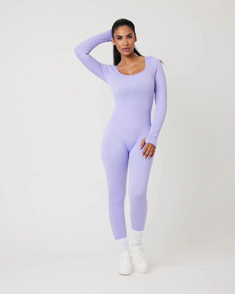Snuggz Fit Ribbed Long Sleeve Purple Seamless Jumpsuit (Various Sizes) - liquidation.store