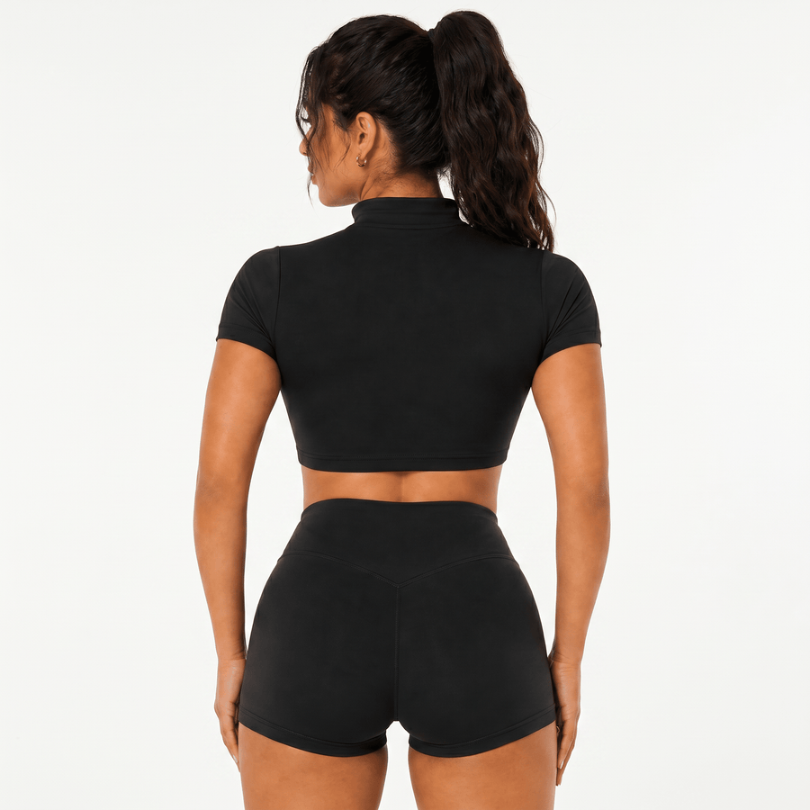 Snuggz Super Stretch Half Zip Cropped Black T-Shirt and Short Set - Black (Various Sizes) - liquidation.store