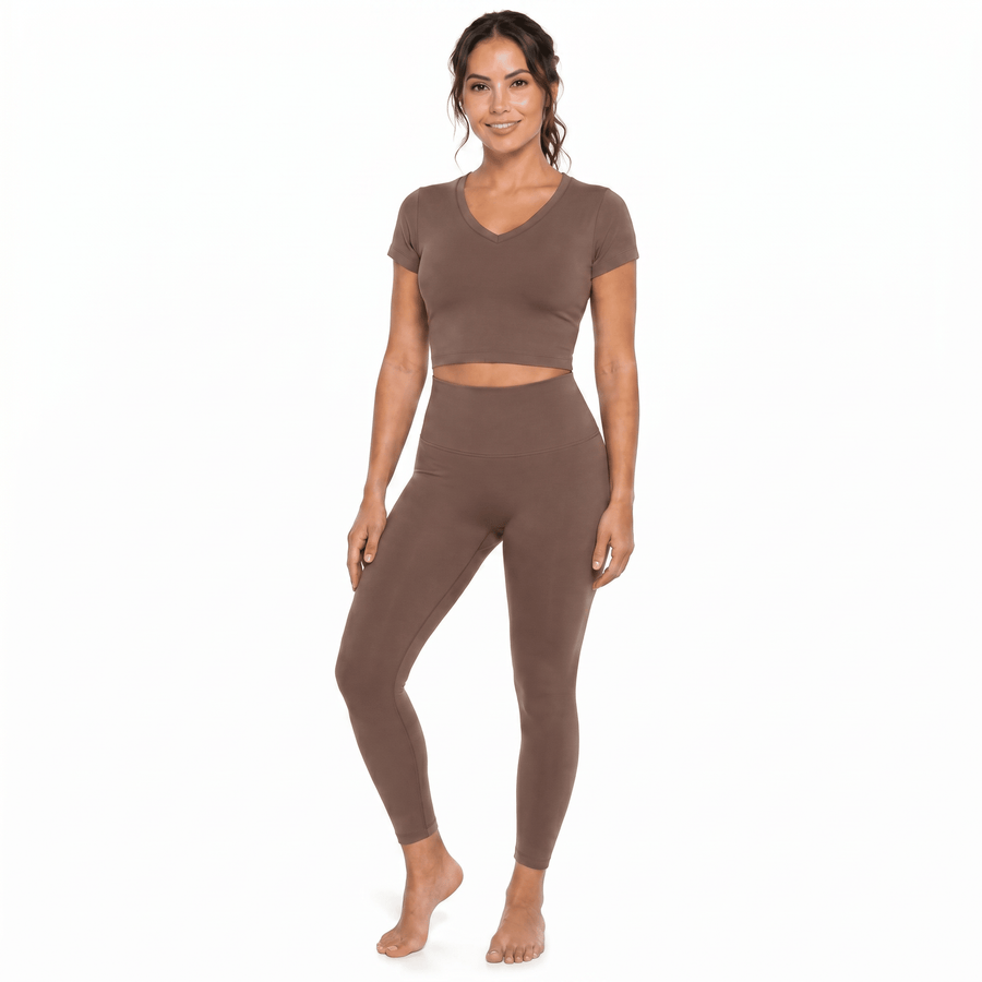 SnuggzFit Short Sleeve 2pcs V Neck Set - Brown (Various Sizes) - liquidation.store