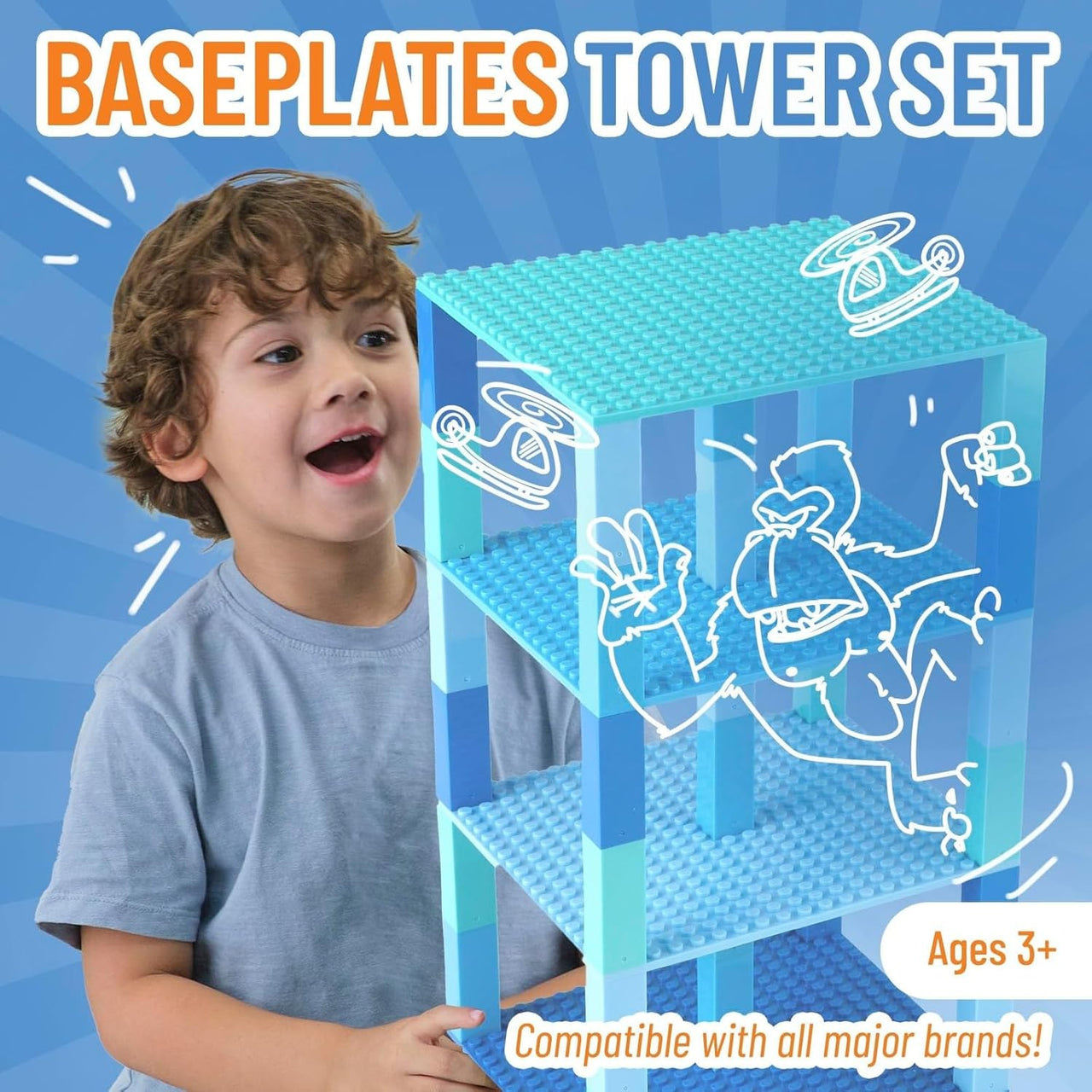 Strictly Briks 15cmx15cm Baseplate Tower Bundle with 30 Stackers - Blue - liquidation.store