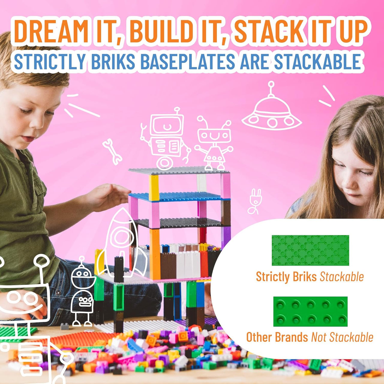 Strictly Briks Stackable Baseplates - 6 Base Plates & 50 Stackers, 15x15cm - liquidation.store