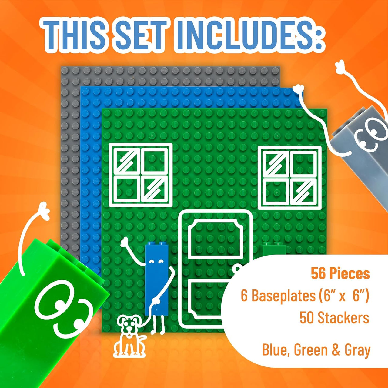 Strictly Briks Stackable Baseplates - 6 Base Plates & 50 Stackers, 15x15cm - liquidation.store