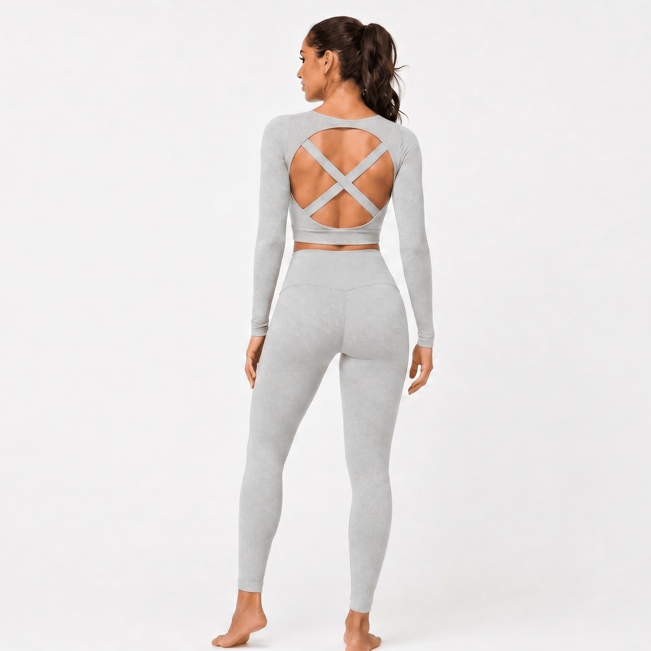 Super Stretch Crisscross Back Long Sleeve Cropped Top and Sculpt Legging Set - Light Grey (Various Sizes) - liquidation.store