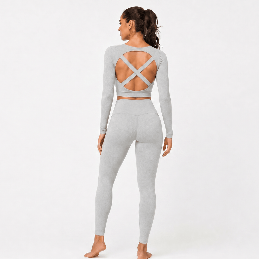 Super Stretch Crisscross Back Long Sleeve Cropped Top and Sculpt Legging Set - Light Grey (Various Sizes) - liquidation.store