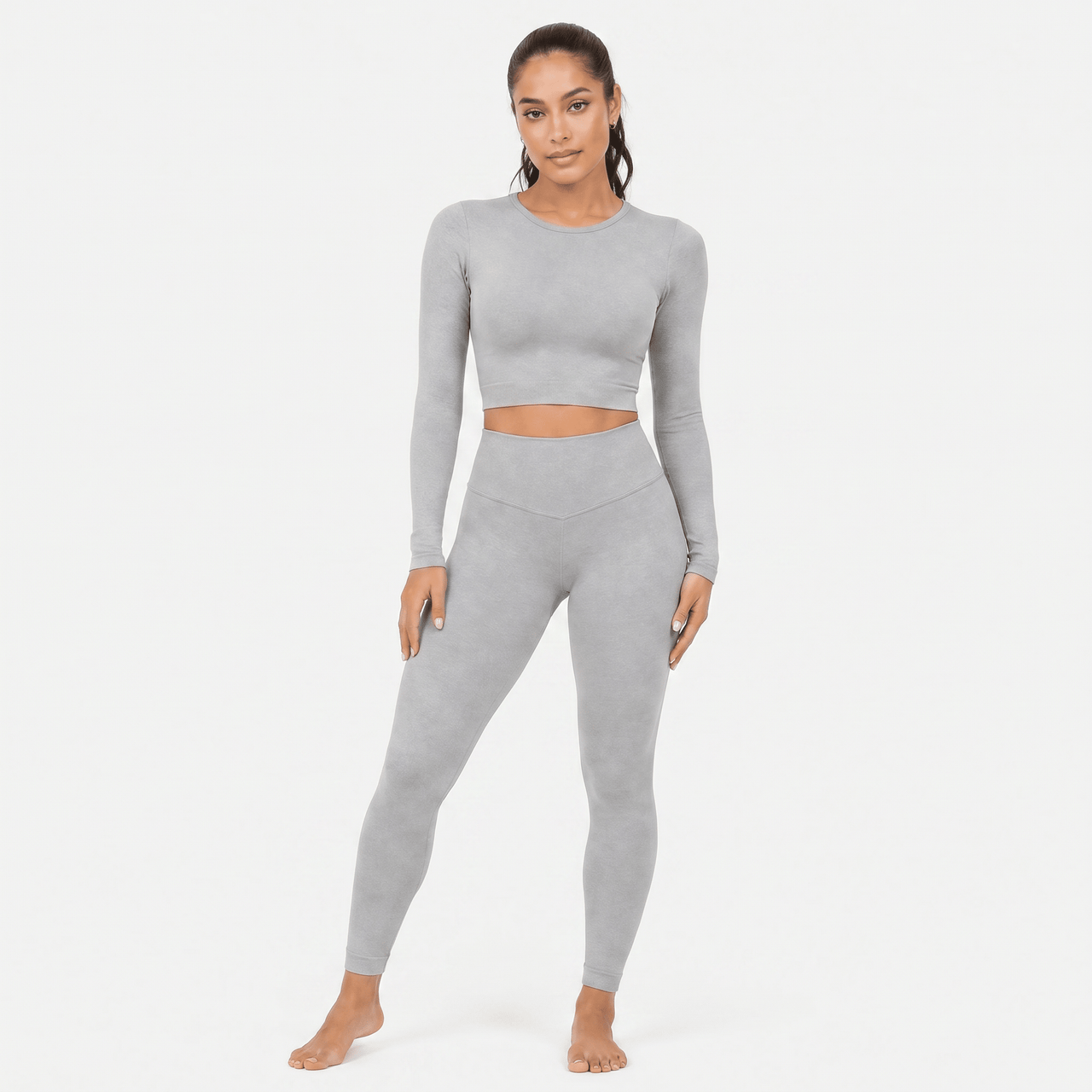Super Stretch Crisscross Back Long Sleeve Cropped Top and Sculpt Legging Set in Light Grey